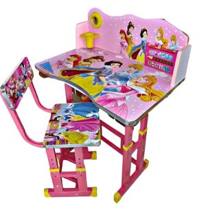 Kids Study Table and Chair Set (Pink) Height Adjustable Wooden Baby Desk Table with Chair