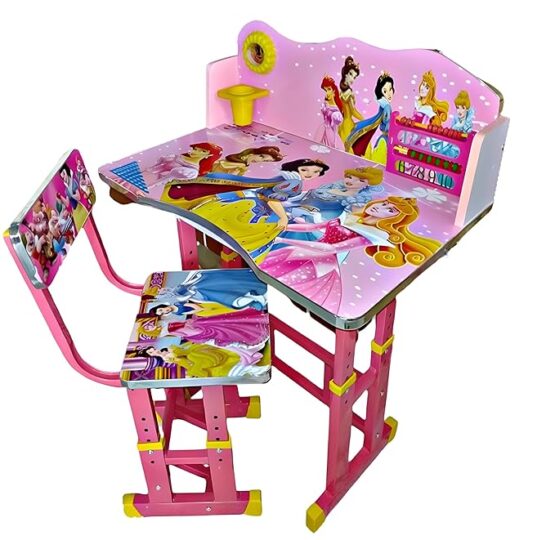 Kids Study Table and Chair Set (Pink) Height Adjustable Wooden Baby Desk Table with Chair